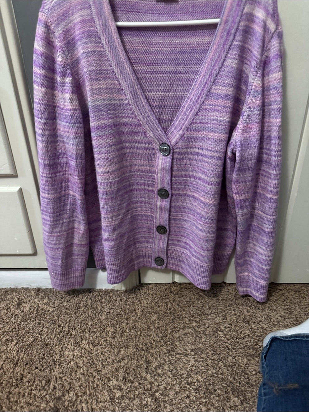 Talbots Purple Striped V-Neck Button Cardigan
